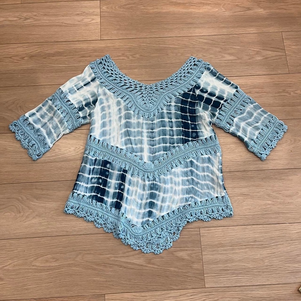 Y2K Blue Tie Dye Crochet Tunic Top Women L Boho Hippie Coastal 70s Revival Fairy